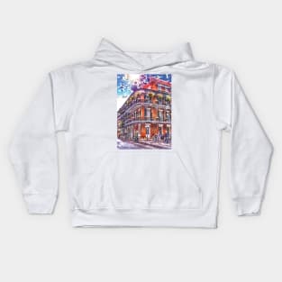 New Orleans Watercolor with Happy Blue Skies and Classic Architecture Kids Hoodie